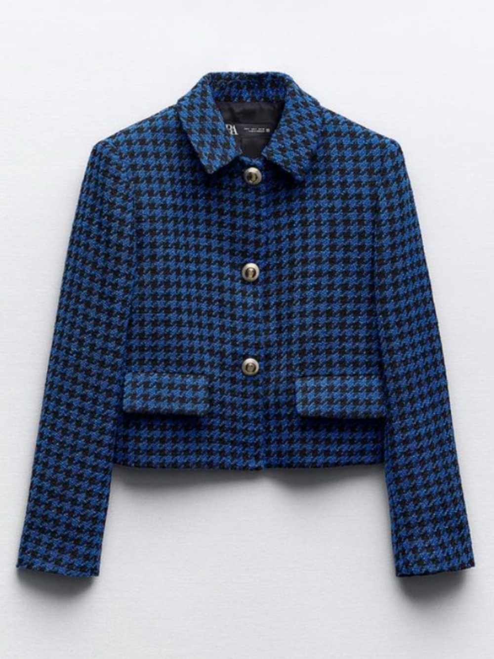 Zara blue and black houndstooth tweed cropped blazer jacket NWT
